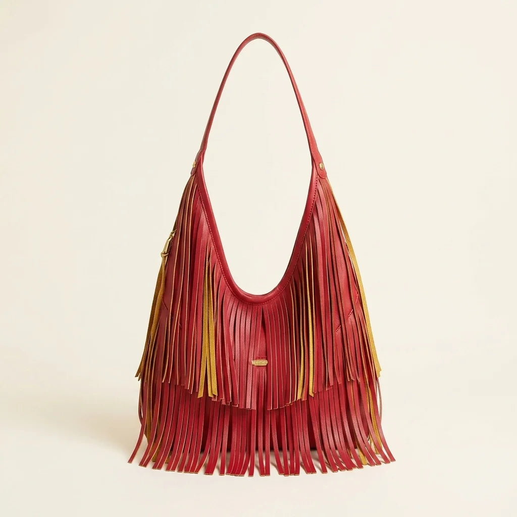 Red red leather fringe bag, front view