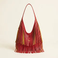 Red red leather fringe bag, front view
