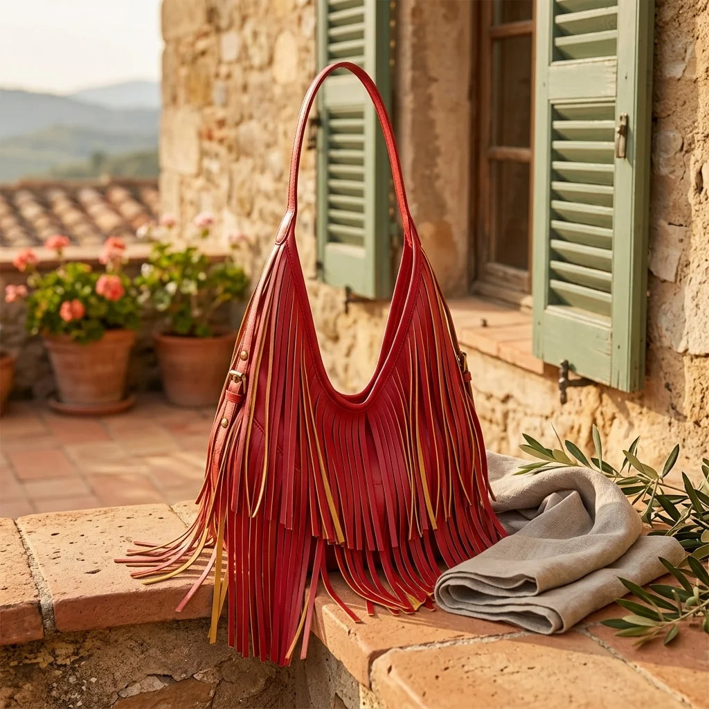 Red red leather fringe bag styled in a warm Mediterranean setting