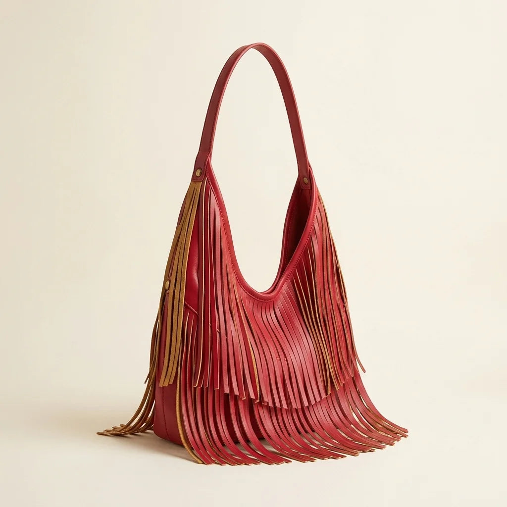 Red red leather fringe bag, three-quarter angle showing side depth