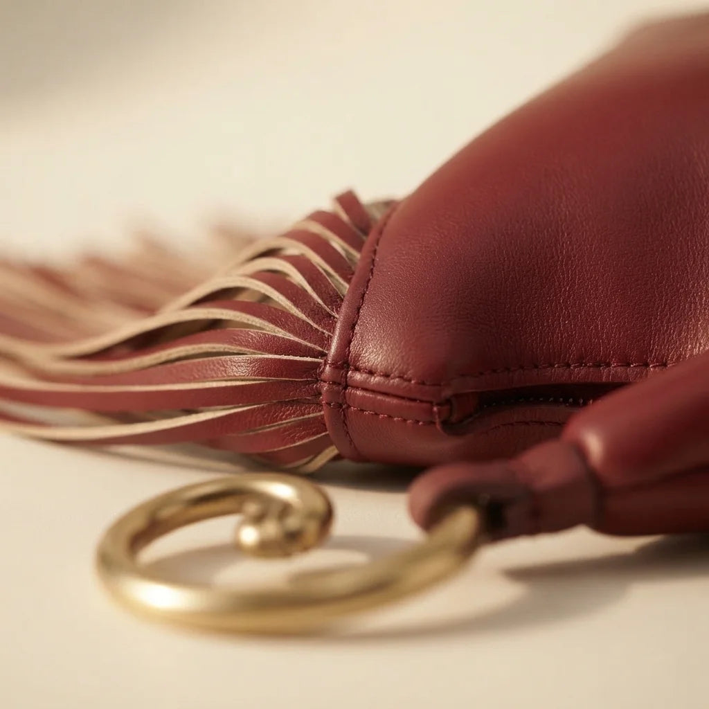Close-up of fringe stitching and texture on Burgundy red leather fringe hobo bag