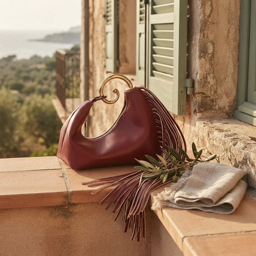 Burgundy red leather fringe hobo bag styled in a warm Mediterranean setting