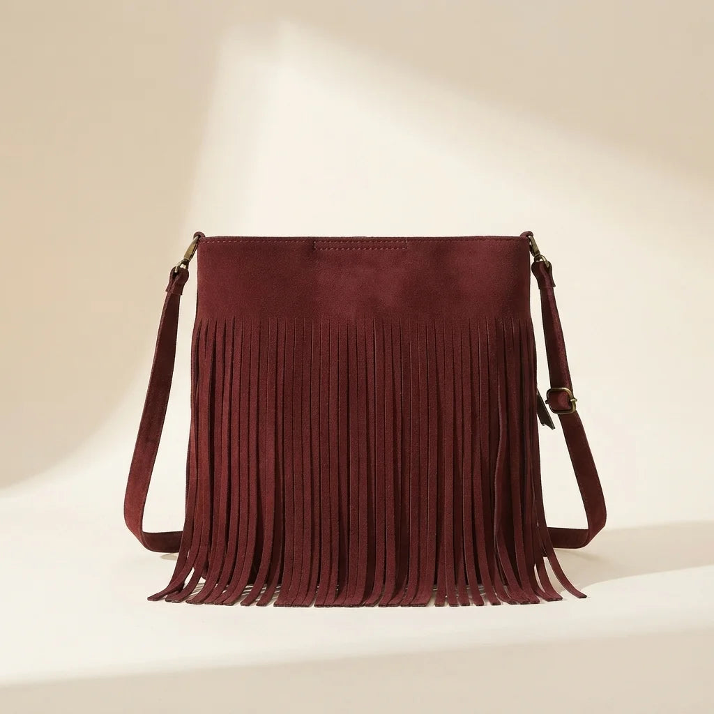Back panel of Red red suede fringe bag with strap attachments