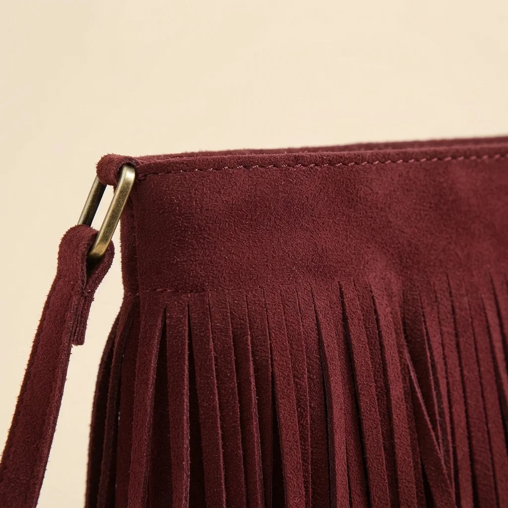Close-up of fringe stitching and texture on Red red suede fringe bag