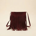 Red red suede fringe bag, front view
