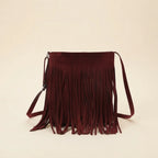Red red suede fringe bag, front view