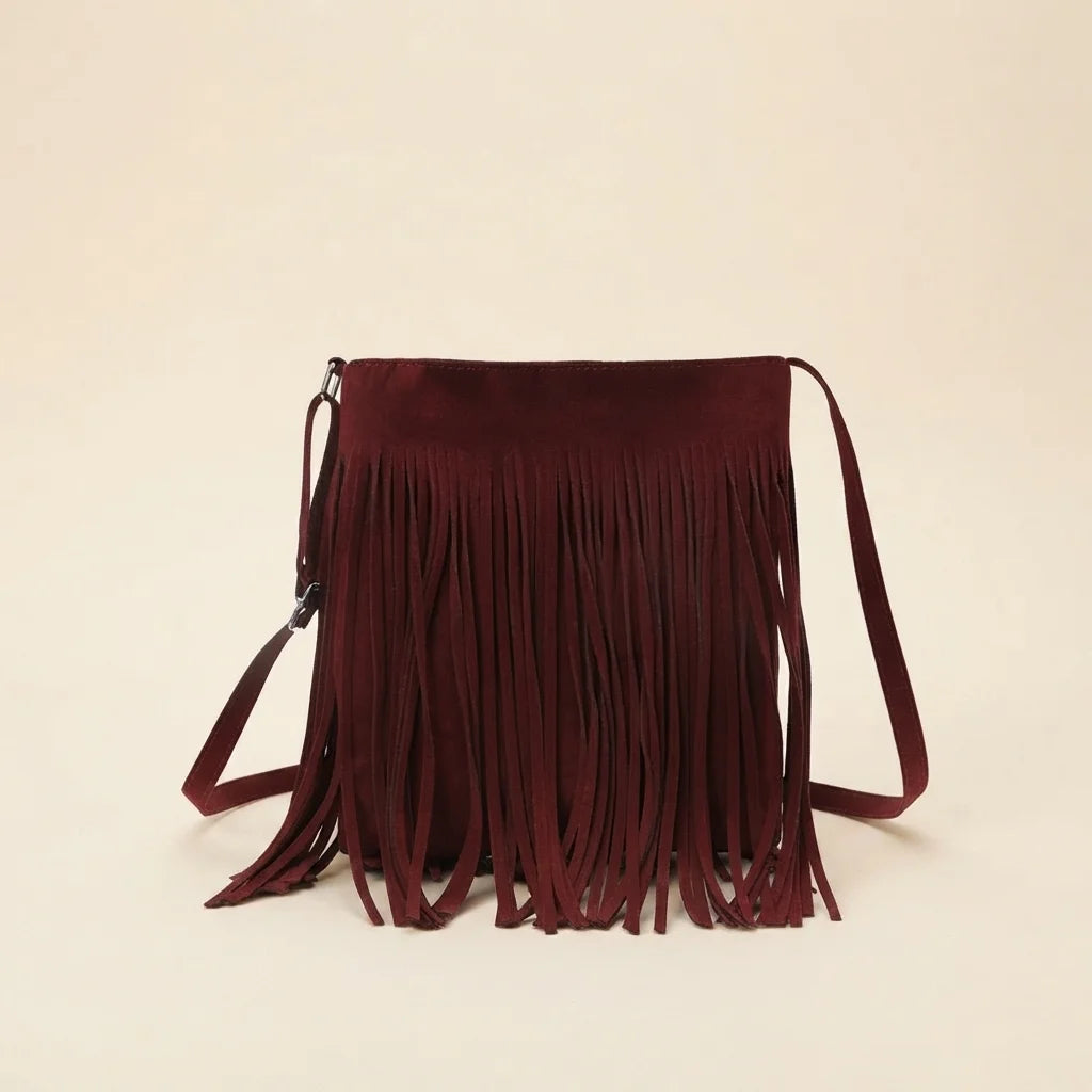 Red red suede fringe bag, front view