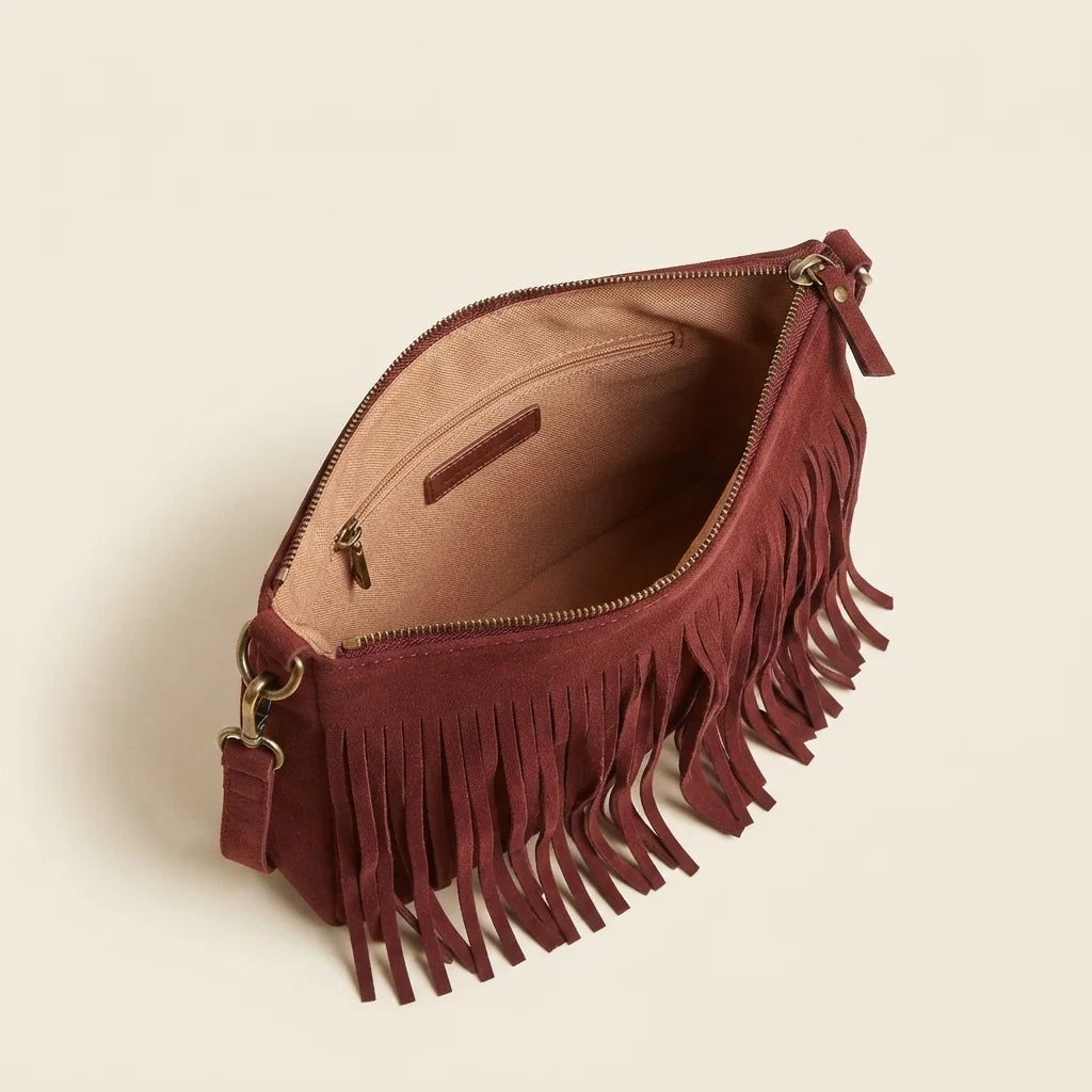 Interior lining and pockets of Red red suede fringe bag
