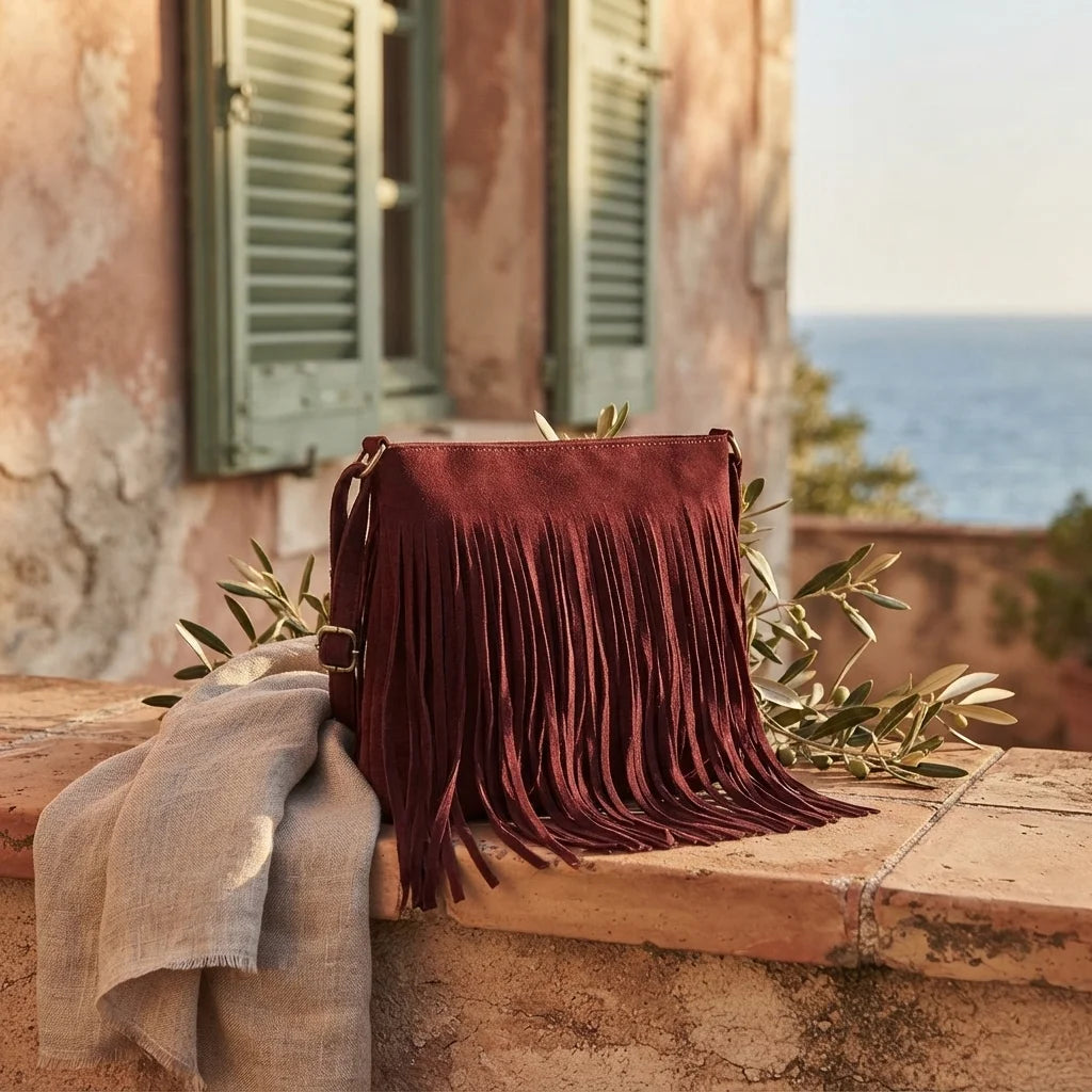Red red suede fringe bag styled in a warm Mediterranean setting