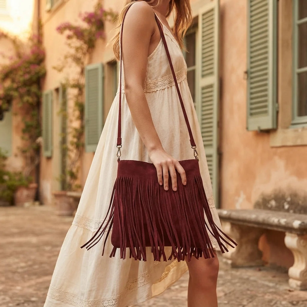 Woman wearing Red red suede fringe bag with swaying fringe