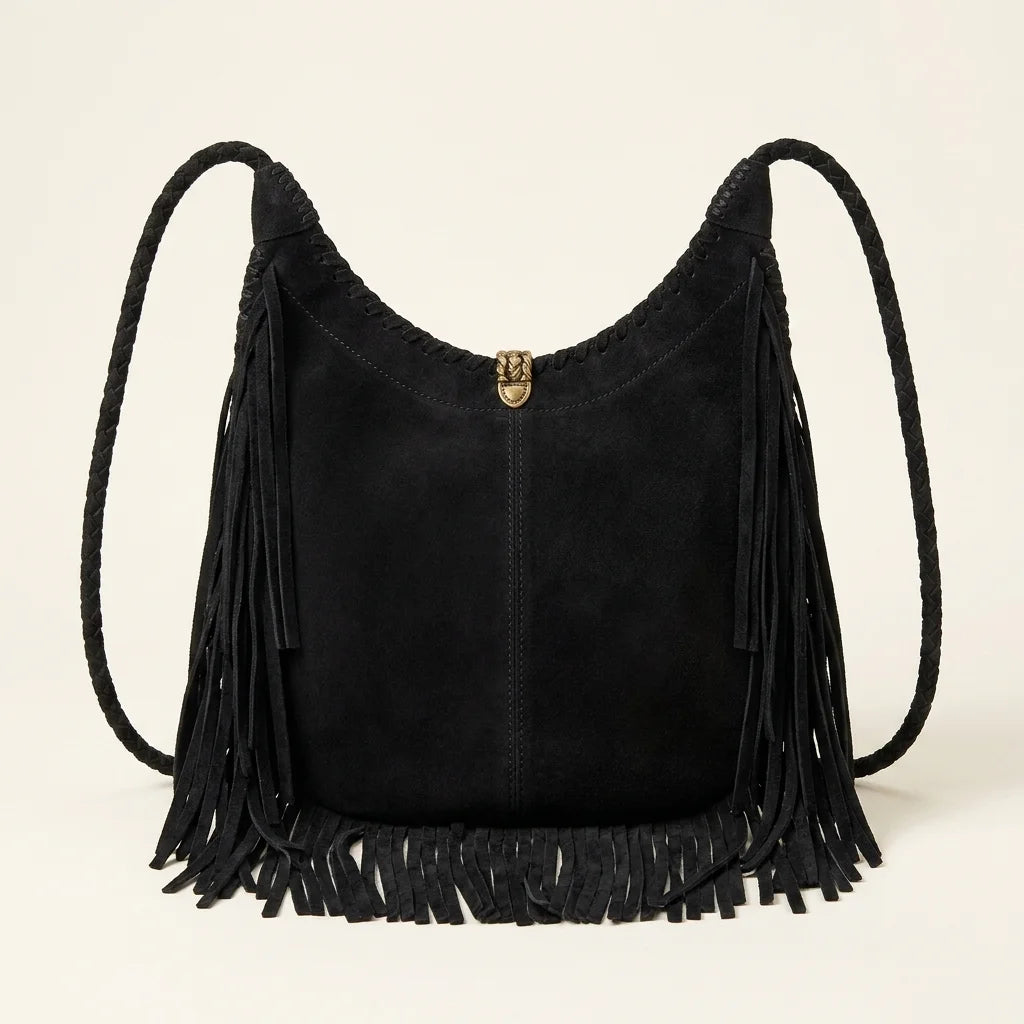 Back panel of Black side fringe hobo bag with strap attachments