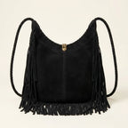 Back panel of Black side fringe hobo bag with strap attachments