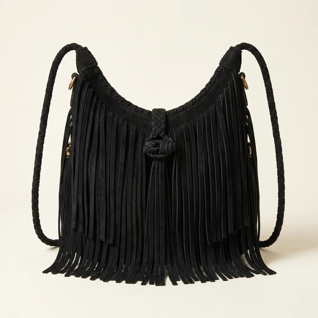 Black side fringe hobo bag, front view