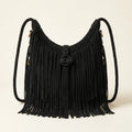 Black side fringe hobo bag, front view