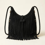 Black side fringe hobo bag, front view