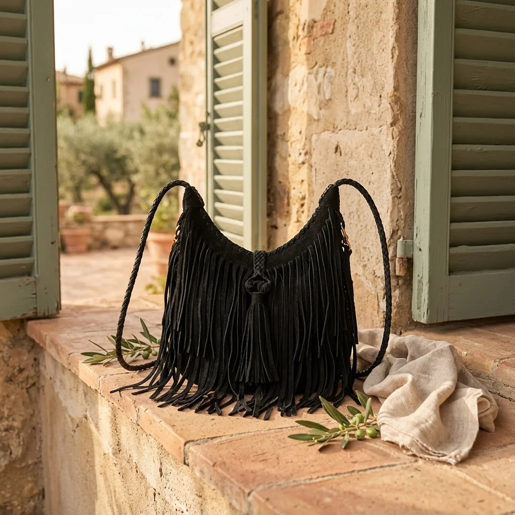 Black side fringe hobo bag styled in a warm Mediterranean setting