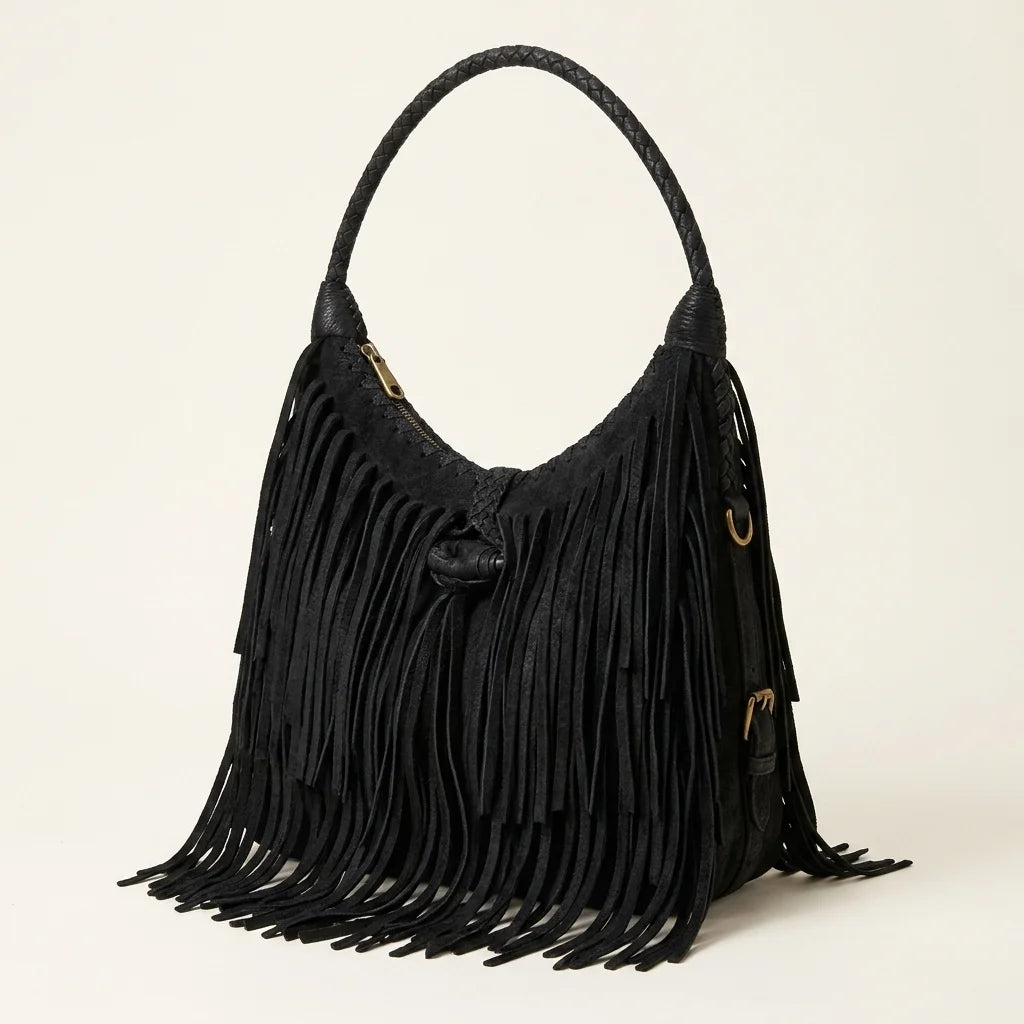 Black side fringe hobo bag, three-quarter angle showing side depth