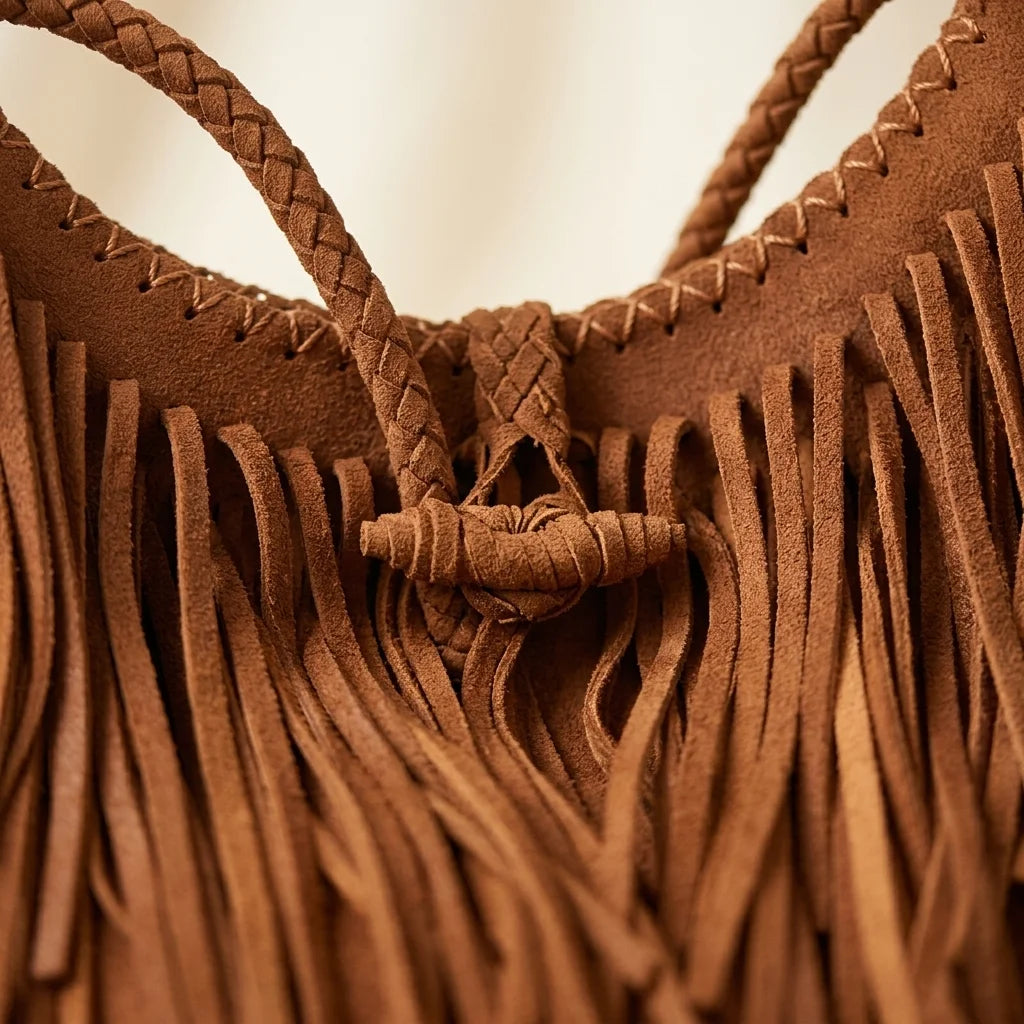 Close-up of fringe stitching and texture on Brown side fringe hobo bag