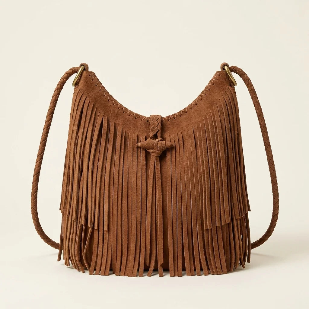 Brown side fringe hobo bag, front view