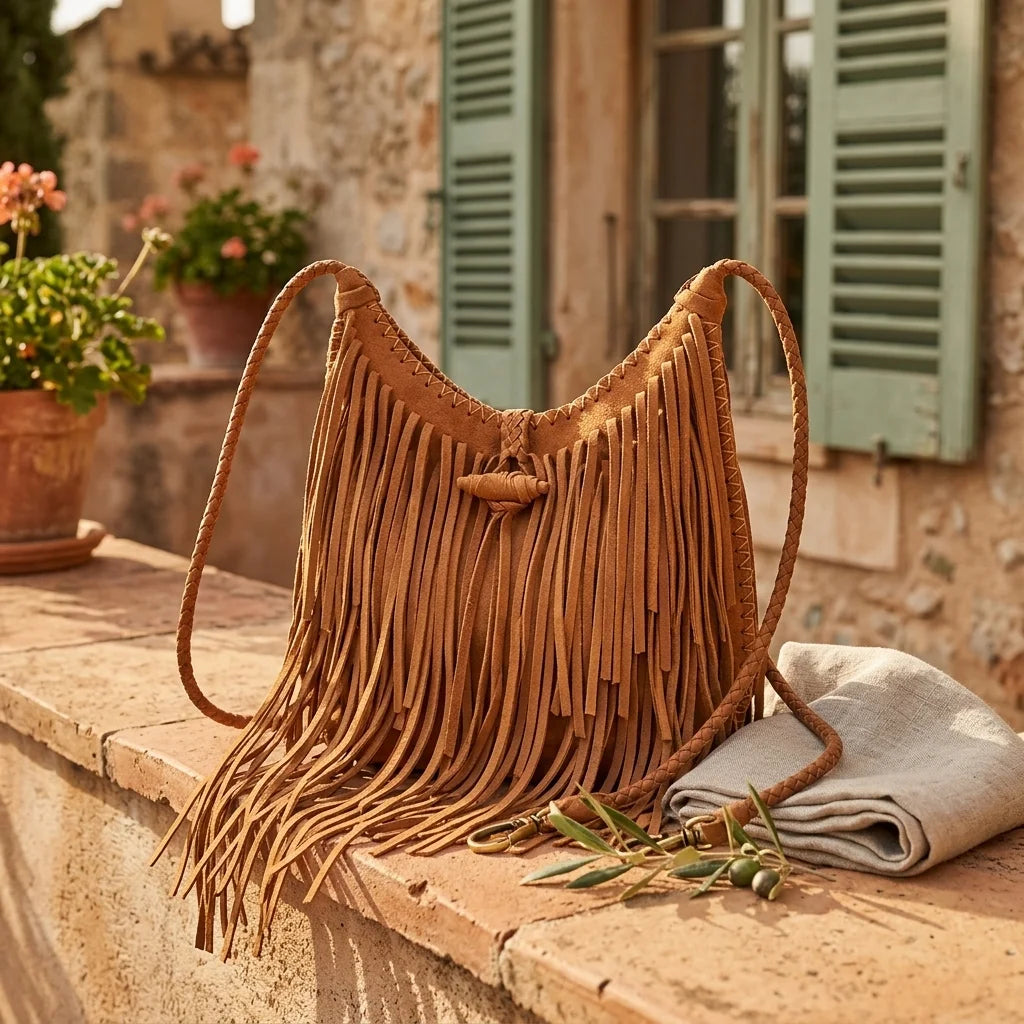 Brown side fringe hobo bag styled in a warm Mediterranean setting