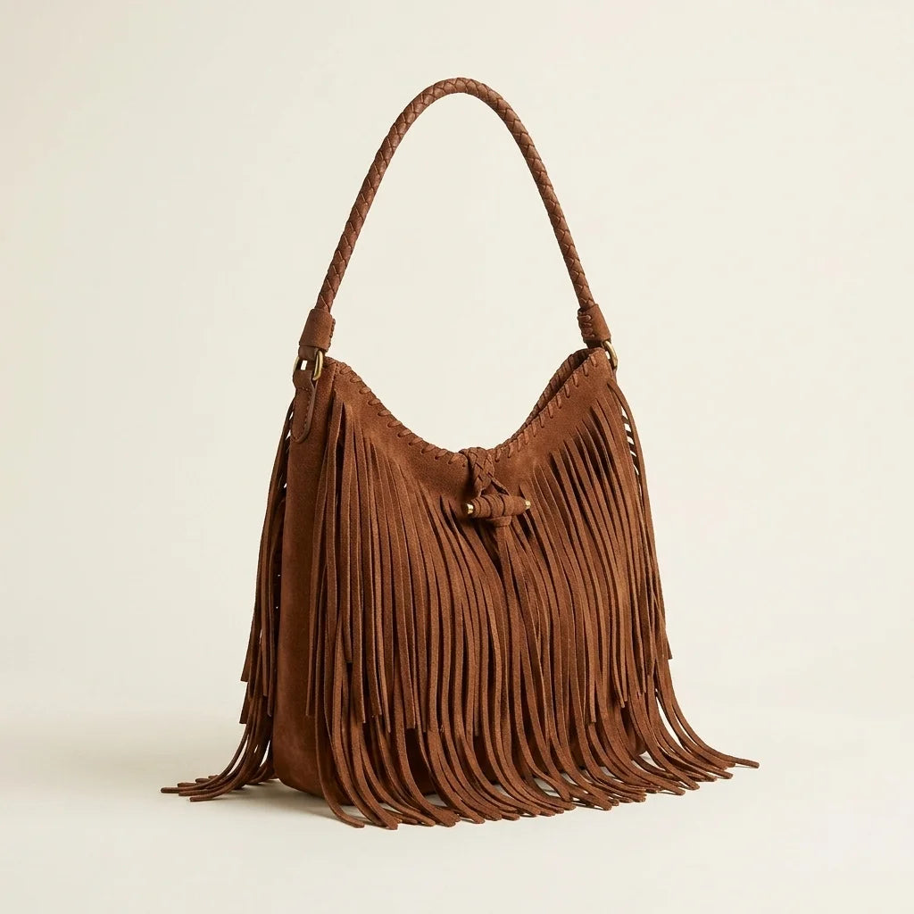 Brown side fringe hobo bag, three-quarter angle showing side depth