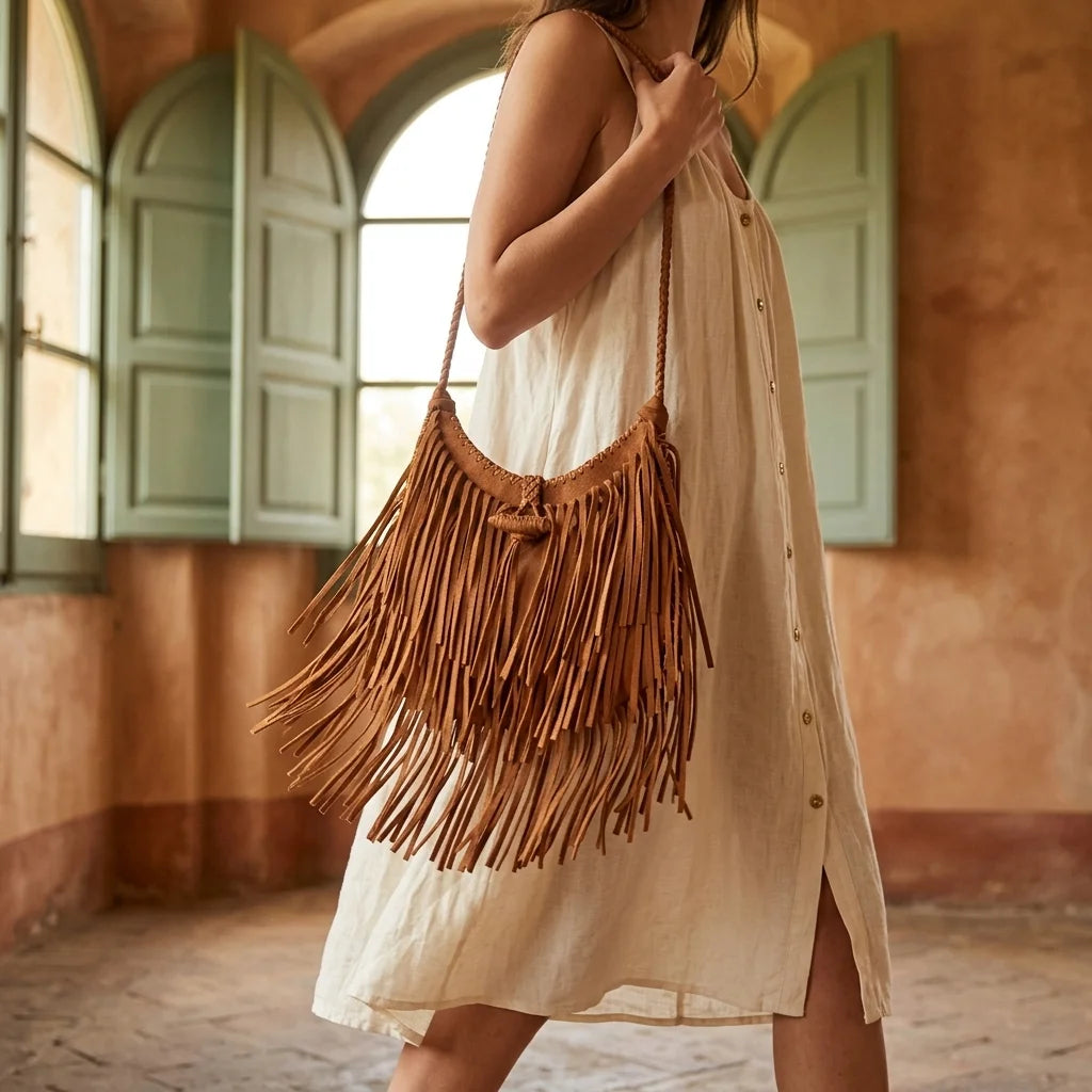 Woman wearing Brown side fringe hobo bag with swaying fringe