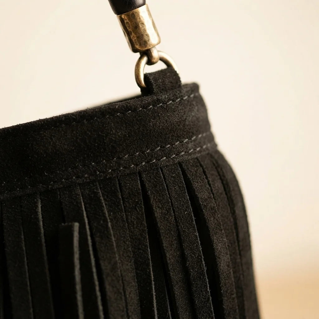 Close-up of fringe stitching and texture on Black slouchy fringe bag