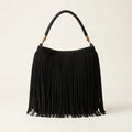 Black slouchy fringe bag, front view