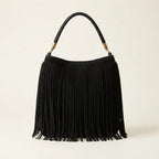 Black slouchy fringe bag, front view