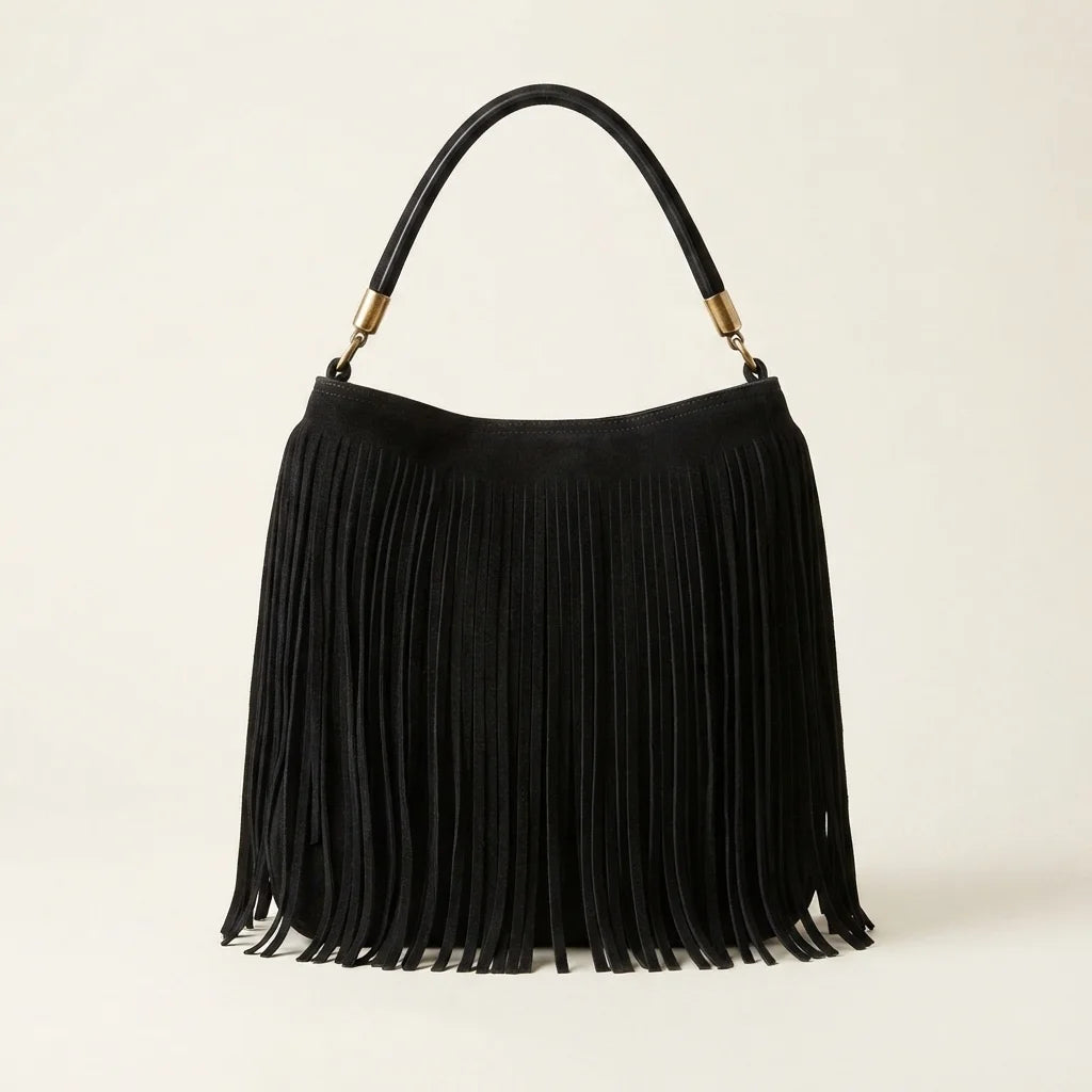 Black slouchy fringe bag, front view
