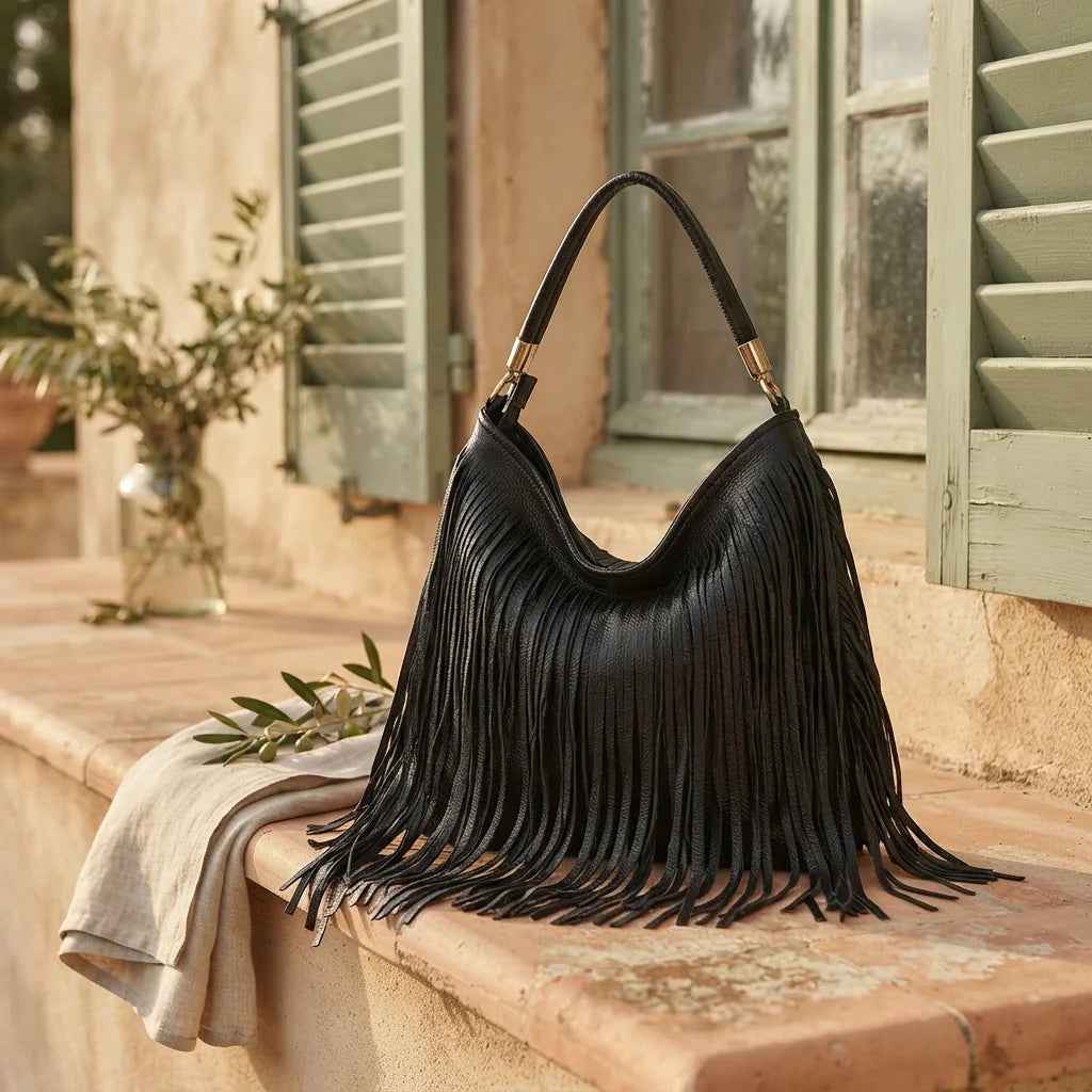 Black slouchy fringe bag styled in a warm Mediterranean setting