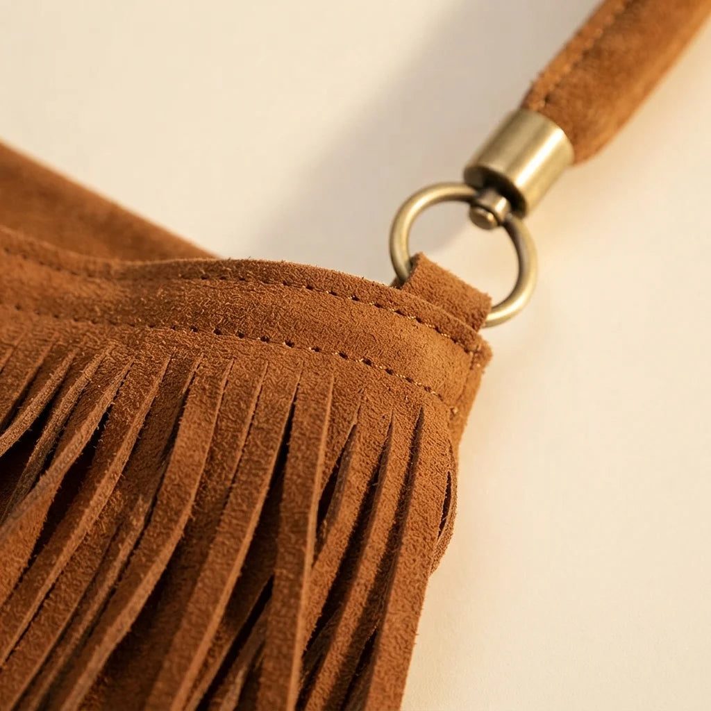Close-up of fringe stitching and texture on Brown slouchy fringe bag