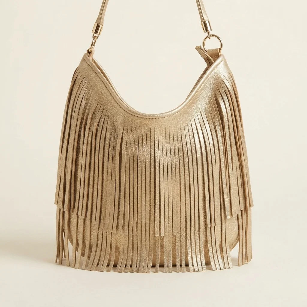 Gold slouchy fringe bag, front view