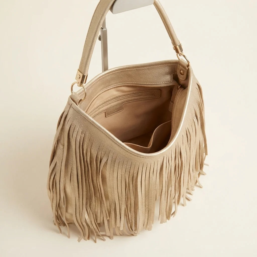 Interior lining and pockets of Gold slouchy fringe bag