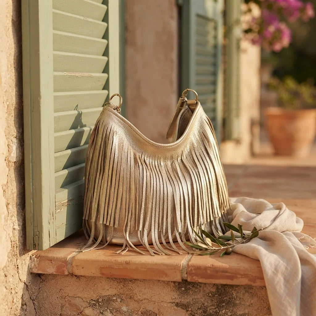 Gold slouchy fringe bag styled in a warm Mediterranean setting