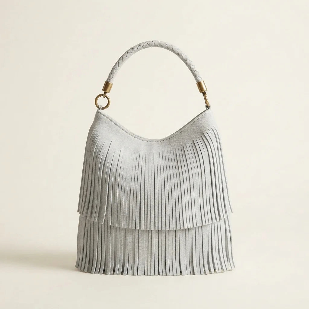 Silver slouchy fringe bag, front view
