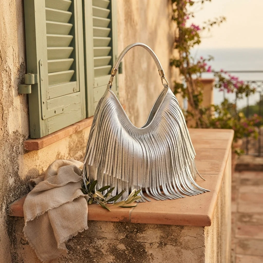 Silver slouchy fringe bag styled in a warm Mediterranean setting