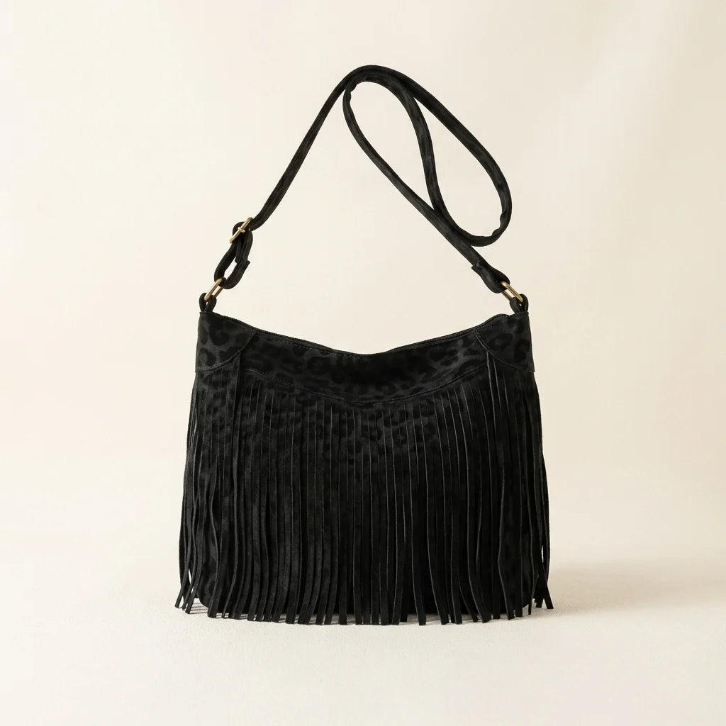 Black small black fringe bag, front view
