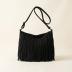 Black small black fringe bag, front view