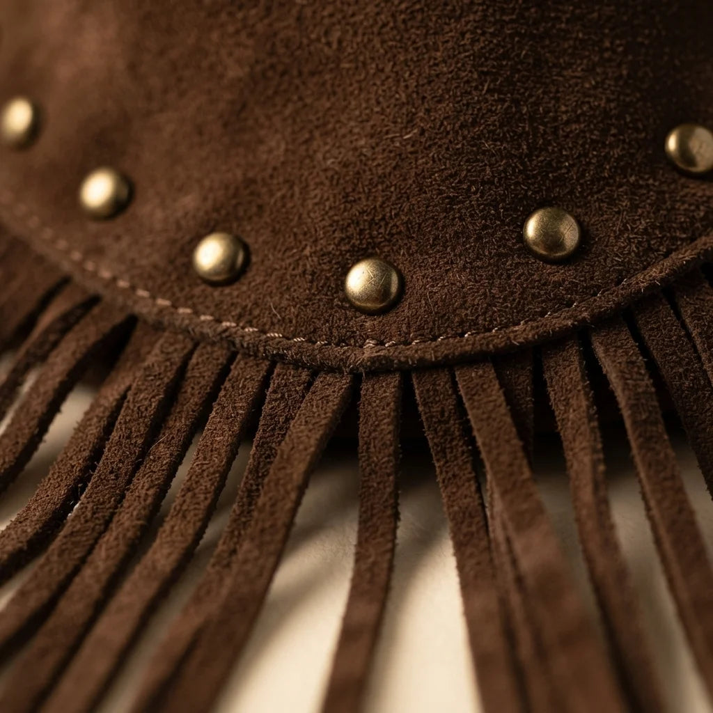 Close-up of fringe stitching and texture on Brown small brown fringe bag