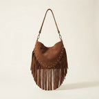 Brown small brown fringe bag, front view
