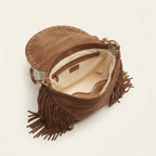 Interior lining and pockets of Brown small brown fringe bag