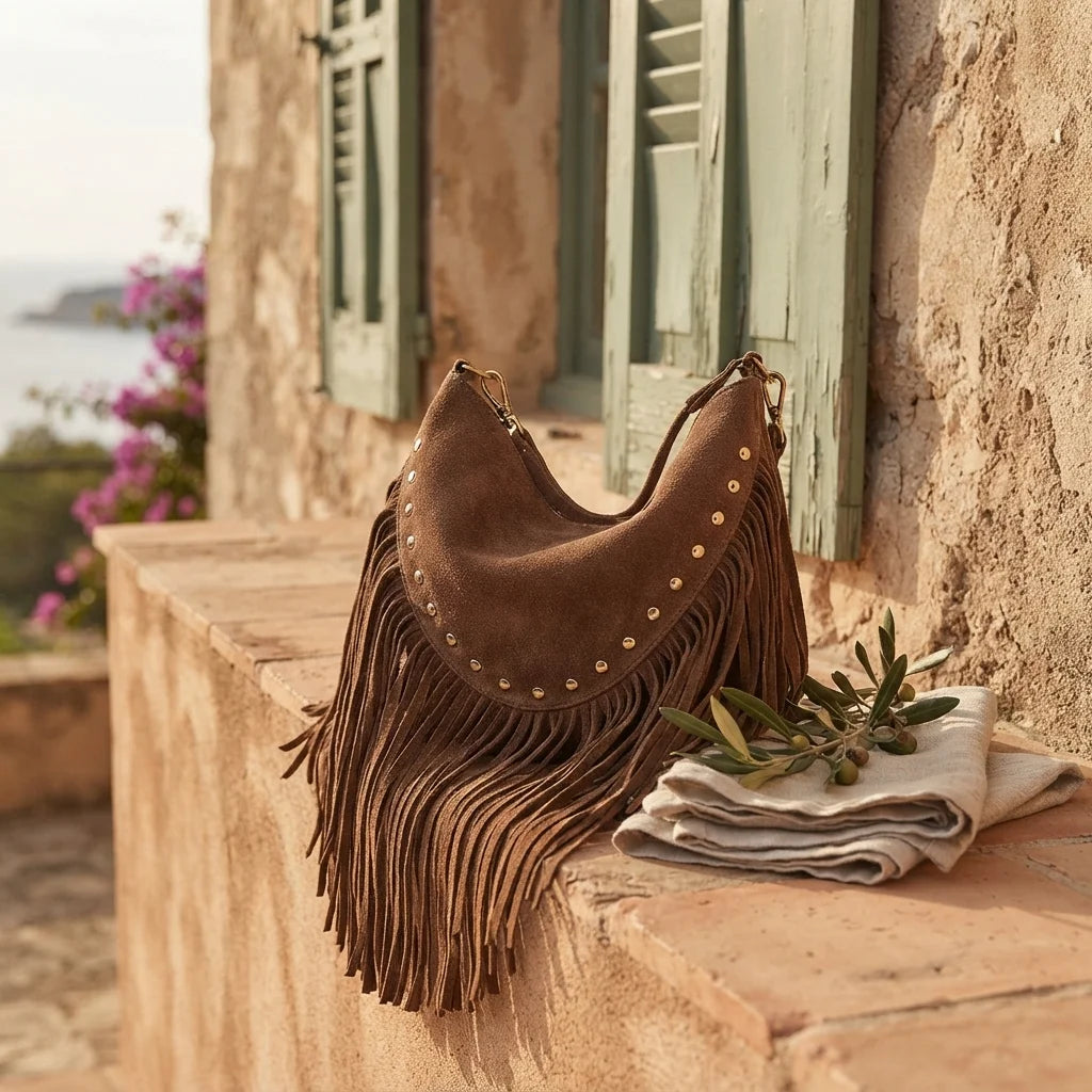 Brown small brown fringe bag styled in a warm Mediterranean setting