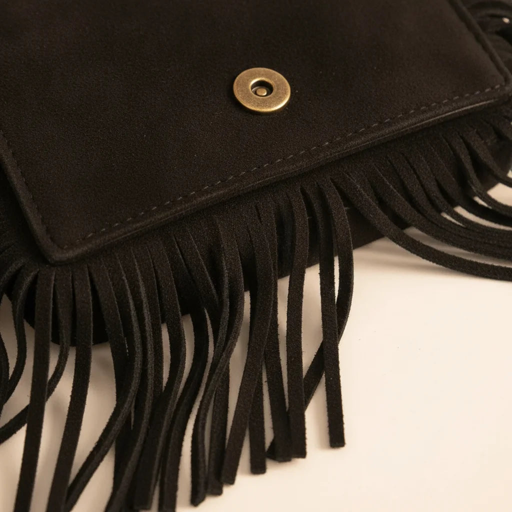 Close-up of fringe stitching and texture on Black small fringe bag