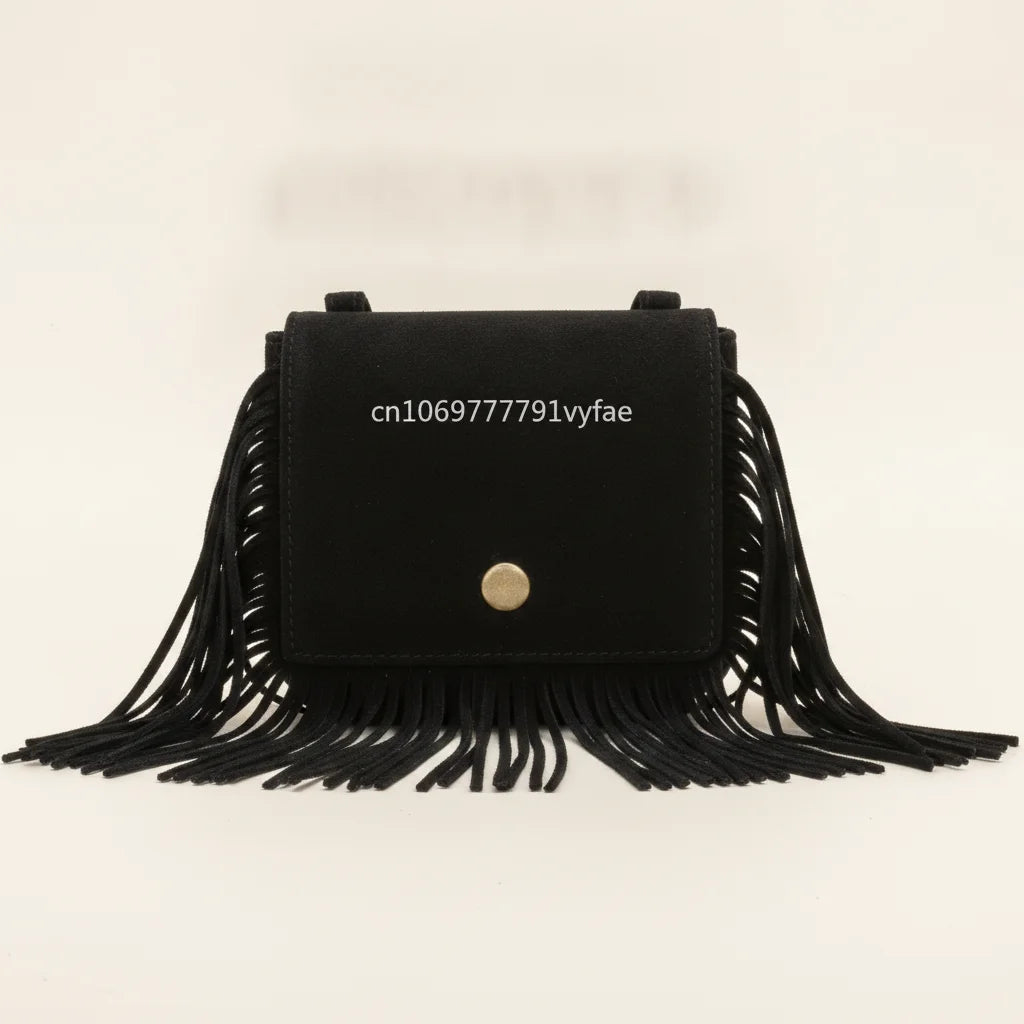 Black small fringe bag, front view