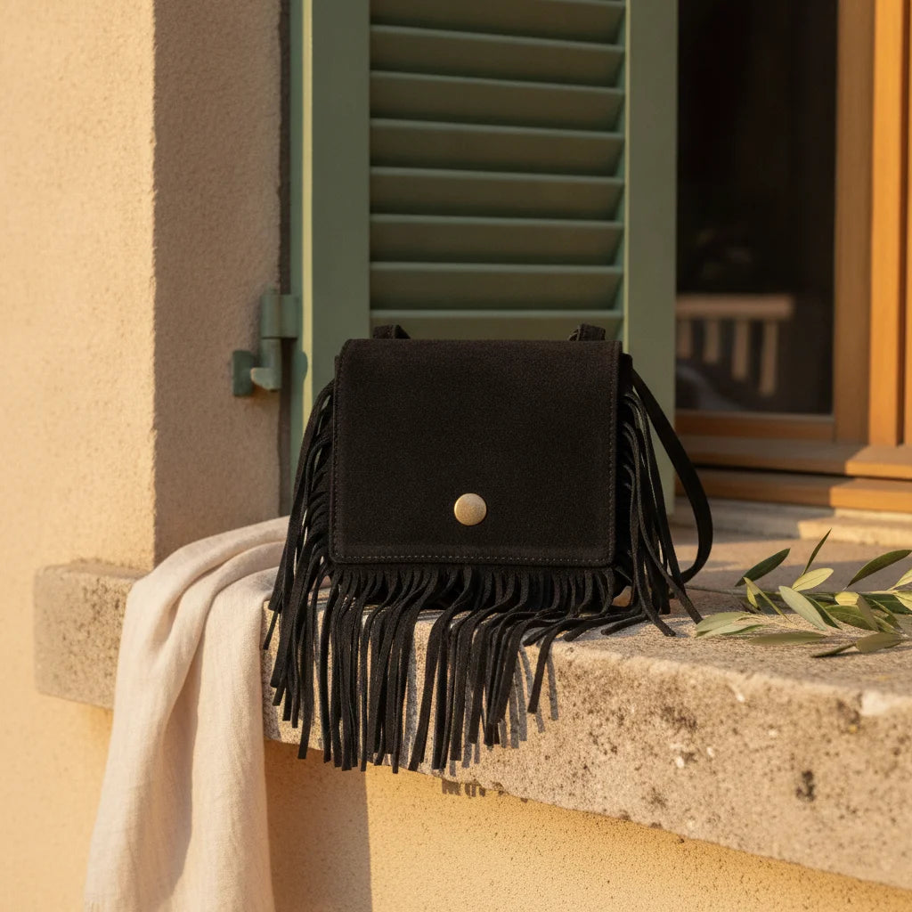 Black small fringe bag styled in a warm Mediterranean setting