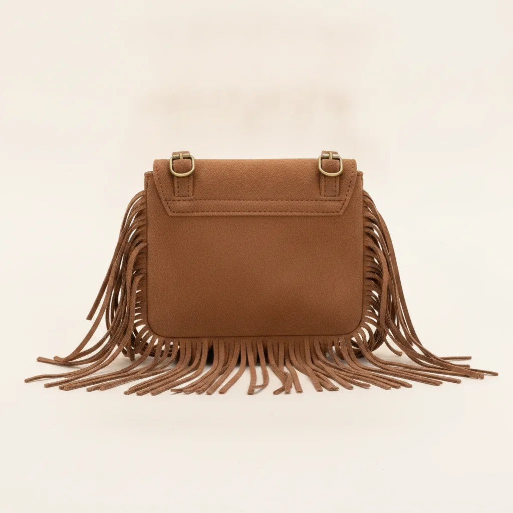 Back panel of Brown small fringe bag with strap attachments