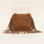 Back panel of Brown small fringe bag with strap attachments