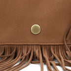 Close-up of fringe stitching and texture on Brown small fringe bag
