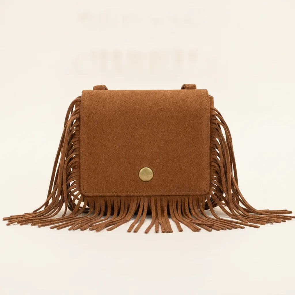 Brown small fringe bag, front view